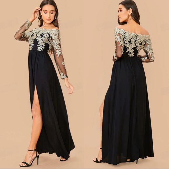 Off Shoulder Embroidered High Slit Maxi Dress Black Gold Long Sleeve - Picture 12 of 16
